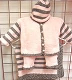 Hand Knitted Crochet Finished Baby Pink Chenille Grey Stripe Cardigan Pant Hat Set with Matching Large Blanket Size 31x45
