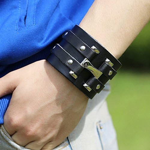 KINGLISWORLD Wide Genuine Leather Bracelet Black Brown Vintage Punk Rock Snap Button Cuff Bangle Charm (Black)