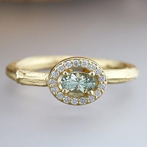 14k Yellow Gold Twig Ring with Diamond Halo and Blue Green Oval Montana Sapphire