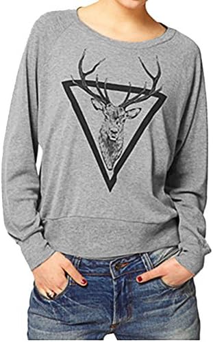 EKIMI Women's Fashion Elk Printed Loose Long Sleeve Blouse Sweatshirts (XL)
