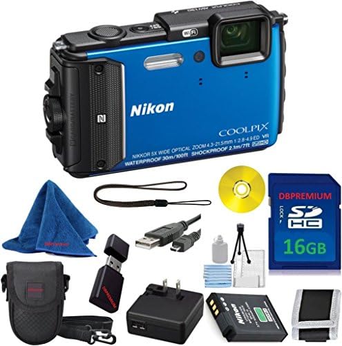 Nikon COOLPIX AW130 Waterproof with Built-In Wi-Fi (Blue) DBPREMIUM Camera Bundle with High Speed 16GB DBPREMIUM Memory Card + Memory Card Reader + DBPREMIUM Starter Kit + 9pc Accessory Kit
