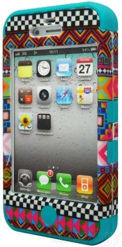 New Impact Hybrid Combo Hard Case Soft Rubber for Iphone 4 4s Hot Pink Tribal Teal Blue Skin