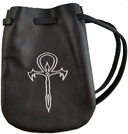Leather Ankh Dice Bag - Medium 4.5" x 6" Drawstring Pouch (Black Leather with...