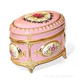 Jewelry Box, Oval Shape Victorian Floral Musical Box, Pastel Pink