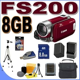 Canon FS200 Flash Memory Camcorder w/ 37x Optical Zoom (Sunrise Red) BigVALUEInc Accessory Saver 8GB BP819 Battery/Charger Bundle