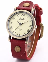 Dalas Fashion Retro Bronze Girl Lady Women Red Leather Bracelet Quartz Wrist Watch WAA265