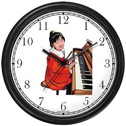 Oriental Girl Playing Piano (Pianist) Classical Musician Wall Clock by WatchBuddy Timepieces (Hunter Green Frame)