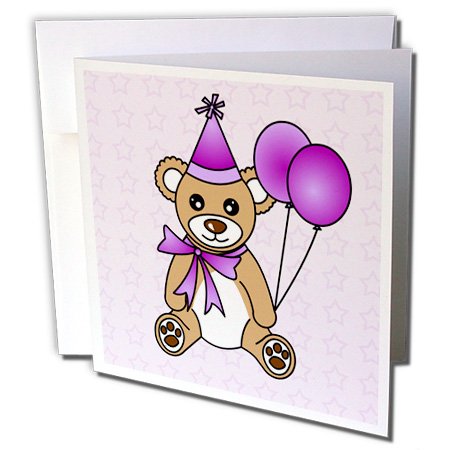 3dRose Birthday Cute Party Bear with Ballon Purple - Greeting Cards, 6 x 6 inches, set of 6 (gc_15401_1)