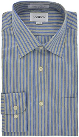 The LONDON Shirt: Mens Thick Striped Dress Shirt Finest 100% Cotton Long Sleeve,  Light Green / Blue Stripes, Size 17/35