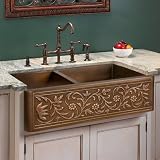 33" Vine Offset Double Bowl Farmhouse Sink - Antique Copper