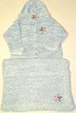 Knitted on Hand Knitting Machine Finished By Hand Crochet Blue Chenille Denim Cotton Tweed Infant Boys Outfit Cardigan Hat Set Trimmed with Star American Flag Patch and Matching Blanket