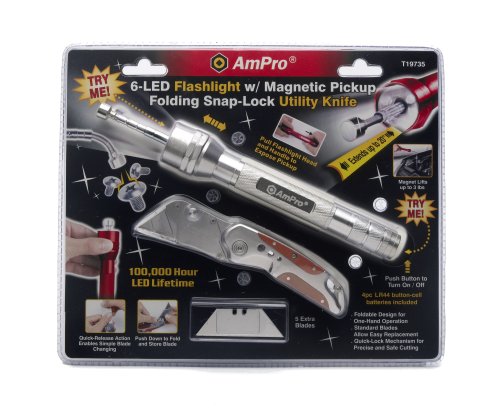 Ampro T19735 6-LED Flashlight with Magnetic Pickup and Folding Snap-Lock Utility Knife