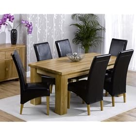 Barcelona Solid Oak Dining Table with 6 Black Leather Chairs