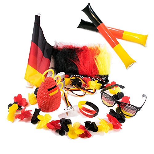 Fanartikel, Fanset Deutschland EM, WM, Fanpaket zur Europameisterschaft 2016, Schminke, Fahnen, Brille, Pfeife, Hut, Autofahne, Bandana, Tattoos, Fingernägel, Caxirola … (Fanset für Männer)