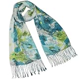 Underwater Floral Garden 100% Pashmina Cashmere Tassel Ends Long Scarf Shawl - Blue Green