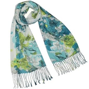 Underwater Floral Garden 100% Pashmina Cashmere Tassel Ends Long Scarf Shawl - Blue Green