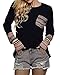 POGTMM Women Long Sleeve O-Neck Patchwork Casual Loose T-shirt Blouse Tops (S, Black)