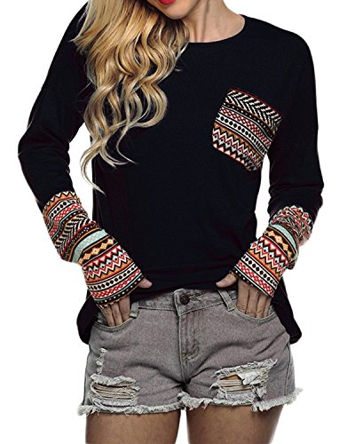 POGTMM Women Long Sleeve O-Neck Patchwork Casual Loose T-shirt Blouse Tops (S, Black)