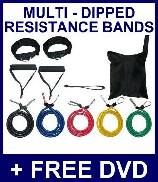 11pc RESISTANCE BANDS SET with FREE WORKOUT DVD - 100% Natural Latex Multi Dipped Tubes Ideal For Home Fitness, Yoga, Pilates, Abs, P90x + workout guide. An IceBrite Power Training Product