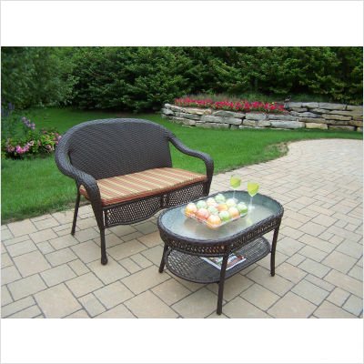Elite Resin Wicker Two Piece Loveseat and Coffee Table Set with Brown Cushion