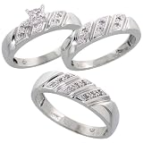 10k White Gold Trio Engagement Wedding Ring Set for Him and Her 3-piece 6 mm & 5 mm wide 0.15 cttw Brilliant Cut, Ladies Size 7.5