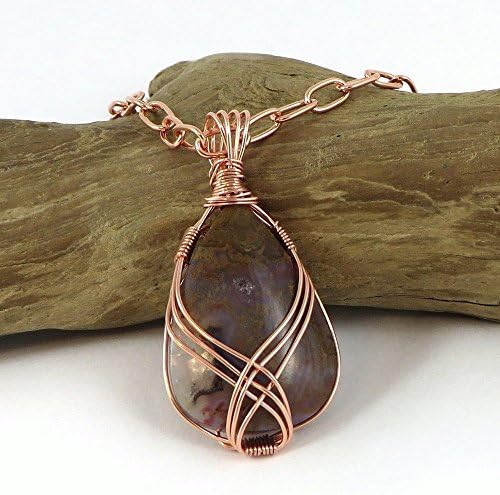 Flame Agate Gemstone Necklace, Copper Wire Wrapped