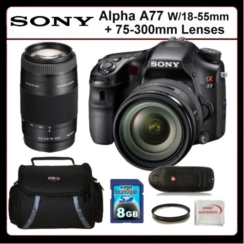 Sony Alpha A77 Kit Includes: Sony Alpha A77 Digital Camera with 18-55mm and 75-300mm Lens, 8GB SDHC Memory Card, Memory Card Reader, UV Filter, SSE Microfiber Cleaning Cloth and Soft Carrying Case