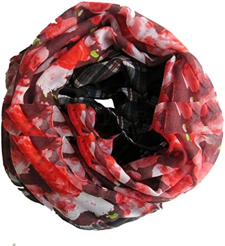 Sexyinlife Dahila Floral Print Plaids Infinity Loop Circle Scarf Red Black