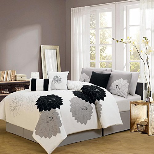 7 Piece Modern Embroidered Comforter Set (King BlackWhite) coconuas224