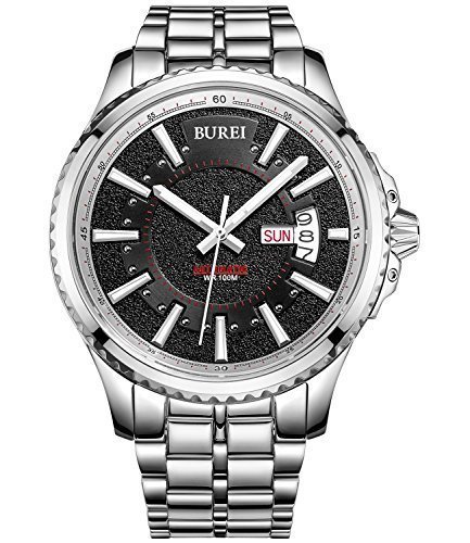 BUREI® Men's Stainless Steel Luminous Day and Date Automatic Watch with Silver Link Bracelet