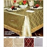 Diamond Damask Design Fringes Tablecloth White 60 by 180 Oblong / Rectangle