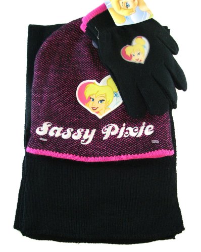 Disney Tinker Bell Winter Wear - 3pcs Tinker Bell Gloves, Beanie & Scarf Set (Black)