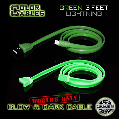 Color Cables: Apple Lightning Charge and Sync Data Cable (GREEN - 3FT) Glow in the Dark - 1M Long - Extra Tough - No Tangle - High-Speed - Premium Lightning to USB A Cable (LIFETIME WARRANTY)