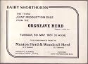 Sale Catalogue Of Dairy Shorthorn Cattle (Orgreave Herd , Alrewas , Burton On Trent , Staffordshire)