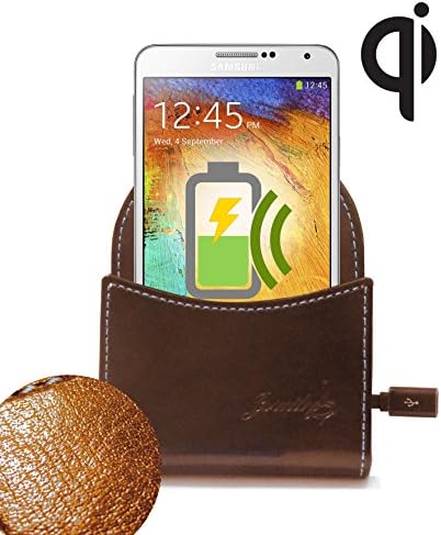 Qi wireless charger - Genuine leather car holster (compatible with Galaxy S6) w/ Samsung Galaxy Note 3 internal stick on receiver (Brown)