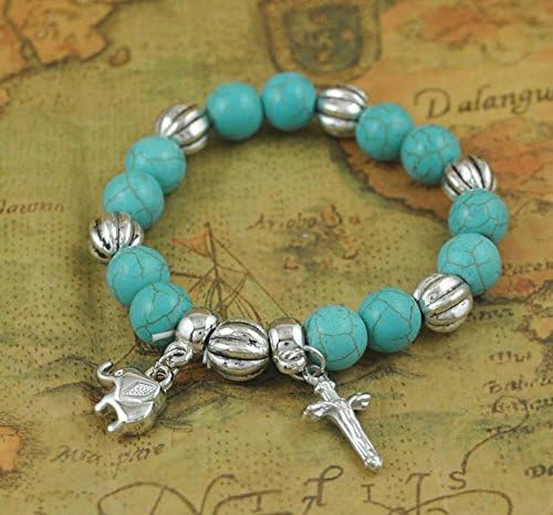 Dangle Cross Turquoise Beads Tibetan Silver Cute Elephant Stretch Bangle Bracelet