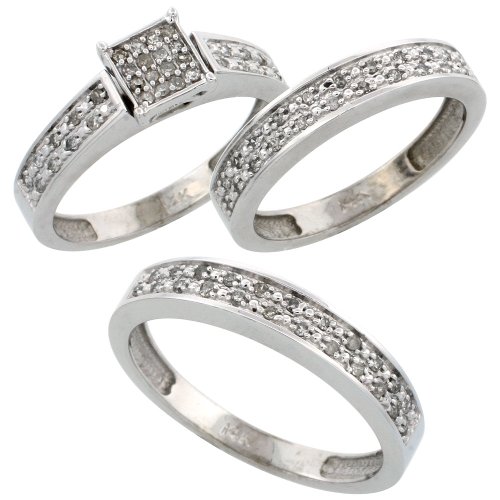 14k White Gold 3-Piece Trio His (4mm) & Hers (4mm) Diamond Wedding Band Set, w/ 0.34 Carat Brilliant Cut Diamonds; Ladies Size 7