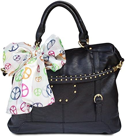 Peach Couture CARA Oversized Metal Circle Design Tote Satchel Handbag Tied Scarf (Black)