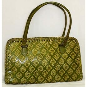 Buy Gorgeous Olive Green Embossed Leather Shoulder Hobo with Floral Motifs by Utsav