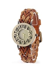HACBIWA Fashion Womens Ladies Girls Weave Leather Hollow Band Wrist Watch Orange Brown