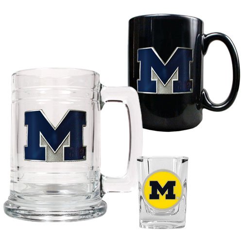 Michigan Wolverines NCAA 15oz Tankard, 15oz Ceramic Mug & 2oz Shot Glass Set - Primary Logo