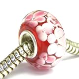 Valentines Gift Sterling Silver Round Murano Pink Red Love Lampwork Glass Flower Bead For Pandora Troll European Charm Bracelets 12mm