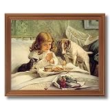 Little Girl Praying In Bed Breakfast Dog And Cat Religious Home Decor Wall Picture Oak Framed Art Print