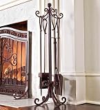 Medallion Solid Steel Fireplace Crest Tool Set With Wrought Iron Hearth Stand in Black