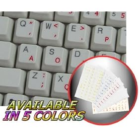 DVORAK SIMPLIFIED KEYBOARD STICKERS WITH RED LETTERING ON TRANSPARENT BACKGROUND