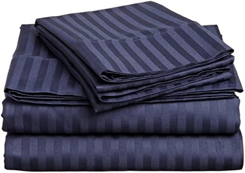 Vriti Home Furnishing Egyptian Cotton 650-Thread-Count 4 PCs Bed Sheet set (+8 Inch) Pocket Depth Stripe Navy Blue RV-Bunk Size (1 Fitted sheet, 1 Flat Sheet &amp; 2 Pillowcover)