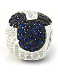.925 Sterling Silver " Jeweled Mickey - Navy Blue and Clear Cz " Charm Bead Spacer Compatible with Pandora Chamilia Troll Bracelet