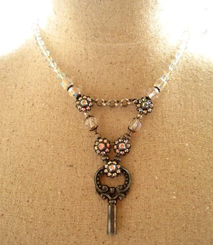 Shabby Chic, Aurora Borealis crystal necklace - Vintage Style key pendant crystal necklace - Art Deco crystal choker
