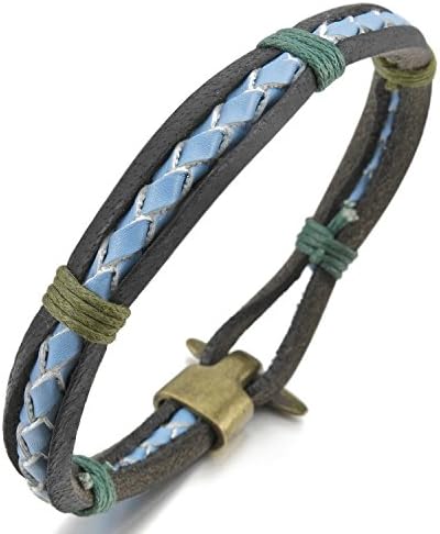 Kalendone Men's Alloy Genuine Leather Bracelet Bangle Black Blue Gold Vintage Biker,9"