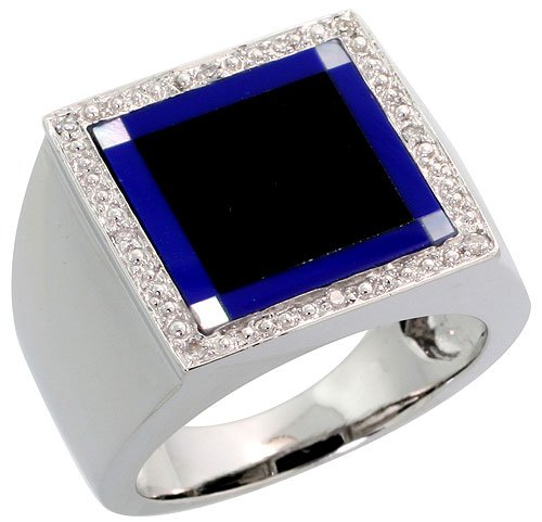 14K White Gold Men's Ring, w/ 0.08 Carat Brilliant Cut Diamonds, Mother of Pearl, Black Onyx & Lapis Lazuli, 11/16 in. (18mm) wide, size 11.5